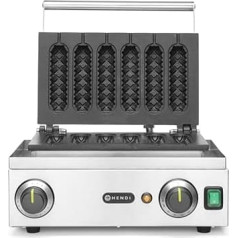 HENDI Waffeleisen 'Corn Dog', Für 6 leckere Lollipop-Waffeln oder Corn Dogs, Temperatur einstellbar von 50˚C bis 220˚C, Teflon®-Antihaftbeschichtung, 230V, 1550W, 390x335x(H)230mm, Edelstahl