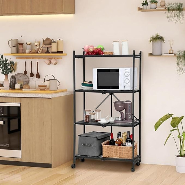 H JINHUI 4 Tier Folding Shelf with Wheels, Foldable Storage Trolley Unit, Shelf Storage Shelf, 73 x 32 x 137 cm, Metal Shelf, Black, Kitchen Shelf, Standing Shelf, Storage Shelf, Kitchen Cellar