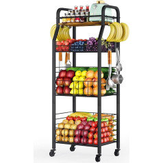 VINCOURNA Gemüseregal für Küche, Obstkorb Etagere 4 Etagen 122CM Obst und Gemüse Aufbewahrung Servierwagen mit Rollen-Obst Etagere Organizer-Obstschale Gemüsekorb Korbregal mit Bananenhalter-Schwarz