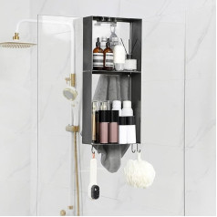 Womamny Hanging Shower Shelf, Shower Basket Glass Wall with Hooks, 52 cm Shower Shelf, Hanging Stainless Steel for Shower Enclosure, Grey