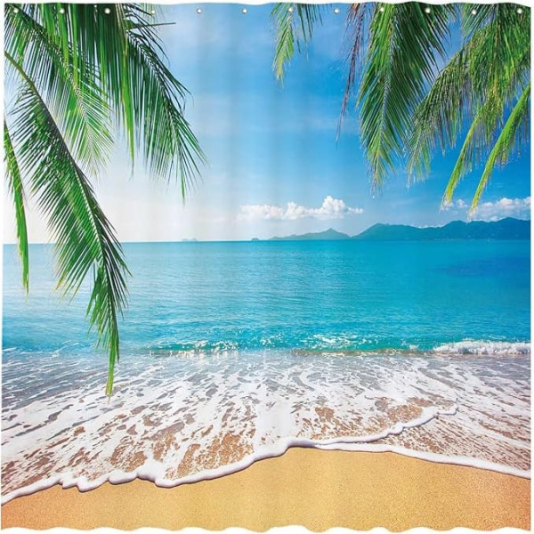 Allenjoy Tropical Beach Shower Curtain Palm Leaves Ocean Island Sea Landscape Summer Decorations Modern Bathroom Curtain Bathtub Decoration with 12 Hooks 72x72 Inch