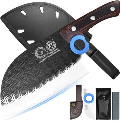 XYJ Authentic Since 1986, Heavy Duty Large Meat Cleaver, Serbian Chef Butcher Knife with Case, Chefs Vegetable Kitchen Knife, Full Tang for Outdoor Camping, Wood Handle with Sheath