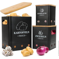 Aevcvok Potato Storage Box, Set of 3, Storage Potatoes, Onions, Garlic, Potato Storage with Bamboo Lid, Keeps Vegetables Fresh for Longer, Stackable & Nestable, Black