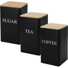 Amusingtao Tea Coffee Sugar Storage Jars 1000ml 3 Pack Metal Containers Set with Airtight Bamboo Lid for Tea Coffee Sugar (Color : Black)
