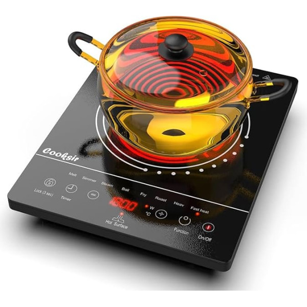 Cooksir Glass Ceramic Hob 1 Plate, Portable Hob with Plug, Infrared Heat, 2000 W, 28 cm, Glass Ceramic Hob, Safety Lock, 4 Hour Timer
