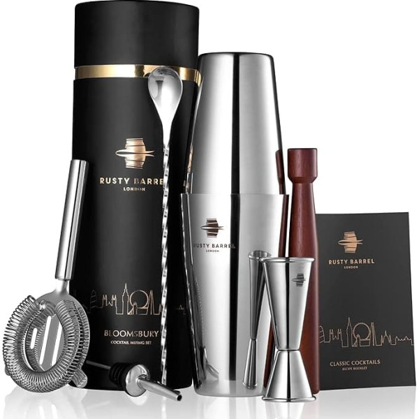 Rusty Barrel Bloomsbury Cocktail Set - Stainless Steel Cocktail Shaker Set with Measuring Cup, Muddler, Bar Spoon & Accessories | Cocktail Mix Set in Luxury Gift Box with Bag & Recipe Book