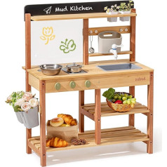 ROBUD Wooden Mud Kitchen for Kids - Outdoor Play Kitchen with Sink, Accessories & Drawing Board - Garden Role Play Toy for Children Ages 3+