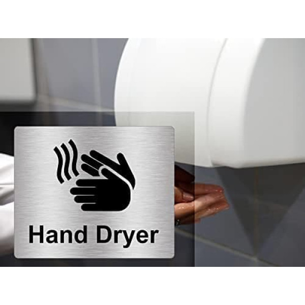 Hand Dryer Sign Waterproof Self Adhesive Sticker Notice Metallic Silver Engraved Black with Universal Symbol and Text (Size 12cm x 10cm)