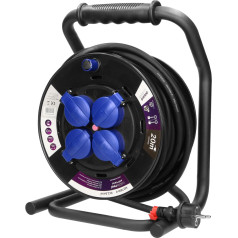 Profesionāls ruļļu pagarinātājs IP44, 4 kontaktligzdas 2P+Z (schuko), eļļas izturīgs gumijas kabelis, H07RN-F 3x2.5mm2, garums 20m, unikāls CUBE statīvs, FIXED kontaktligzdas, termiskie, strāvas ceļu pārsegi.