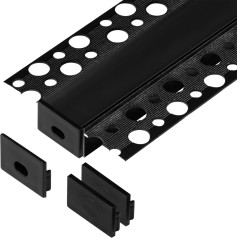 Komplekts: alumīnija profils LED lentēm, 2000 x 55,8 x 12,5 mm, iebūvēts vienā līmenī, melns, melns abažūrs, 4 kontaktdakšas.