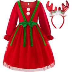 ReliBeauty Christmas Dress Girls Red with Deer Antlers Headband, 150