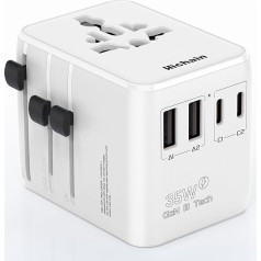 Hichain Travel Adapter, 35 W Universal Travel Plug with 2 USB A and 2 USB C, International Plug Traval Adapter for Germany, USA, England, Travel Essentials