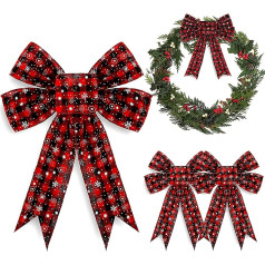 Whaline 4 x Christmas Bows Christmas Wreaths Bows Plaid Christmas Tree Bows Burlap Christmas Decoration Bows Decorations for New Year Festive Red and Black (32 x 26 cm)