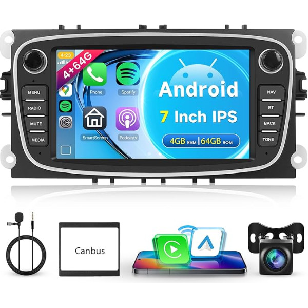 4G + 64G Wireless Carplay Android Car Radio for Ford Focus II mk2 Mondeo S-Max C-Max Galaxy Kuga 7 Inch Car Radio with Android Car Navigation GPS WiFi Mirror Link Bluetooth FM/RDS/32 EQ/USB/SWC Rear