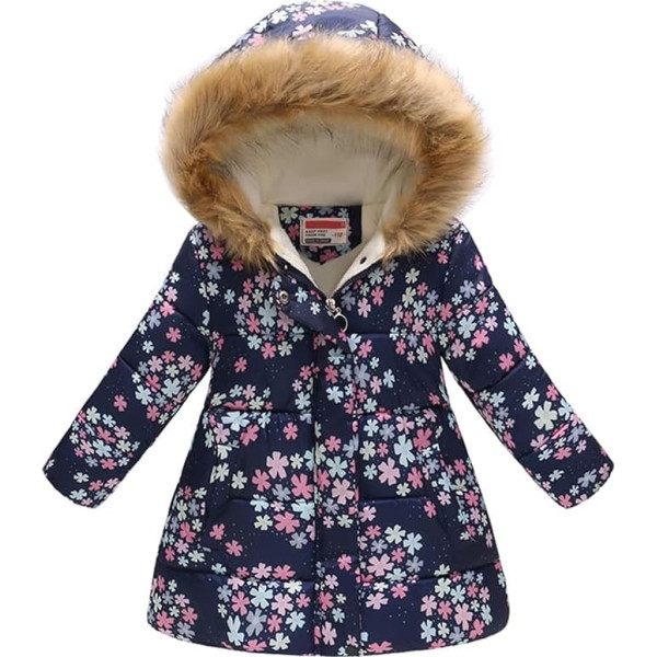 Haokaini Warm Winter Coat for 3-12 Years Baby Girls Boys Flowers Hood Windproof Jacket with Faux Fur Cotton Parka Padded Coat