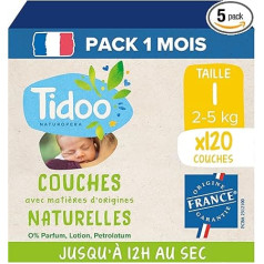 TIDOO - Size 1 Nappies 2-5 kg - Ecological Baby Nappies - Natural Composition Disposable Nappies - Friendly for Sensitive Skin - 12 Hours Protection - 5 x 24 Nappies