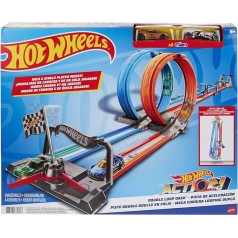 HOT WHEELS GFH85 Two-Track Looping Race Track, Straight Track Parts, Large Loopings and 2 Toy Vehicles in 1:64 Scale for Children from 5 to 10 Years