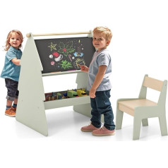FANTASK 2-in-1 Double-Sided Standing Board, Children's Easel and Chair Set with Chalkboard & Whiteboard, Children's Board with Shelf & Paper Roll Holder for Children from 3 Years (Green)