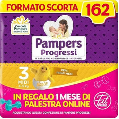 Pampers Progressi & Fit Prime Midi, Short Size, 162 Nappies, Size 3 (4-9 kg), 1 Month Online Gym Gift
