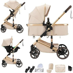 Kinderwagen 3 in 1,Puppenwagen Mit Babyschale Höhenverstellbarer Buggy Komplettset Faltbare tragbare,KombiKinderwagen Mit Aluminiumrahmen für Neugeborene 0 bis 3 Jahre (H9BEIGE, H9)