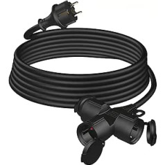 Outdoor Extension Cable 5 m with 3 Schuko Sockets, Rubber Extension 3500 W with Protective Cap for Outdoor Use IP44, Power Cable H05RR-F 3G 1.5 mm² with 3-Way Splitter, 16 A/250 V, Black