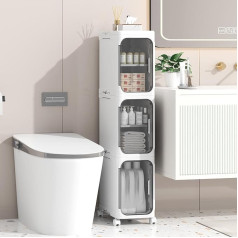 Enjinkail Narrow Bathroom Cabinet, Freestanding Plastic Storage Furniture with Door, Waterproof Small Rolling Cart with Wheels for Living Room, Kitchen (21W*97H*34D, 3 Levels)