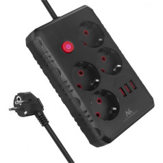 Barošanas lente mce392 b, 4 rozetes 3xusb, 110-240v maiņstrāva 50/60hz, 2.1a max 2500w, 1.5m melna