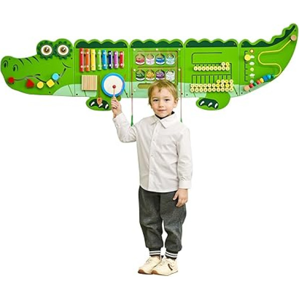 VEVOR Crocodile Activity Wall, 9 Activities Montessori Sensor Wall Toy for Kids 3-12 Years Montessori Learning Activity Centre Ideal for Kids Playroom, Nursery, Classroom
