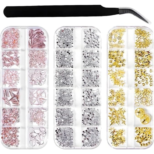3D-Nagelanhänger, 3 Boxen, Nagelschmuck-Paradies, Himmeldiamanten mit Präzisionspinzette, mehrfarbig und Stil, Nagelkunst-Dekorationen für Bastelarbeiten, Party, Alltag, Hochzeit