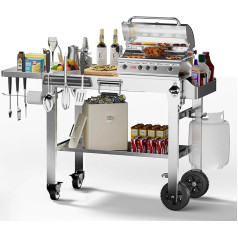Electactic Food Grade 304 Stainless Steel BBQ Table with 4 Castors Portable Pizza Oven Table with Hooks, Folding Grill Cart for Motorhome/Camping/Tailgate
