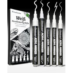 5 x White Acrylic Pens, Opaque Acrylic Markers for Wood, Glass, Paper, Stone, Quick-Drying, Waterproof Acrylic Marker Brush Pen, Calligraphy Pen, Chalk Pens for Blackboard, Washable