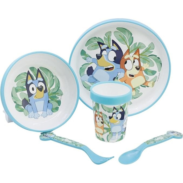 Stor Bluey 5 Piece Two Tone Premium Tableware Set for Kids, Breakfast, Lunch, Dinner, Plate, Bowl and Cup, BPA Free, Non-Slip, Kids, Baby
