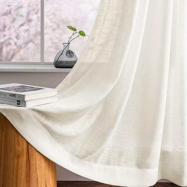 Carvapet Beige Transparent Curtains in Linen Look for Living Room Bedroom Set of 2 225 x 140 cm