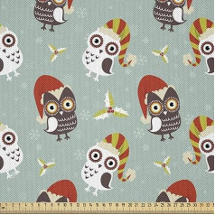 ABAKUHAUS Christmas Fabric Sold by the Metre, Owls in Hats Yuletide, Silky Satin Fabric for Sewing Home Textiles, 2 m (148 x 200 cm), Teal Red