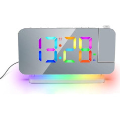 Meichoon AE24White Digital Projection Alarm Clock FM Radio Mirror RGB Screen USB Charger 12/24 Hours 6-Level Brightness Adjustment Night Light Snooze Function