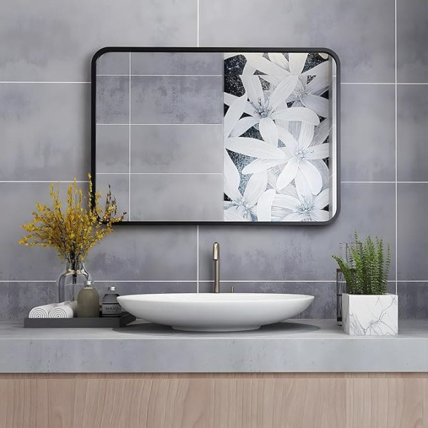 MIQU Bathroom Mirror 70 x 50 cm Bathroom Mirror without Lighting Rectangular Mirror Black Metal Frame Wall Mirror for Bathroom, Living Room, Toilet 500 x 700 mm