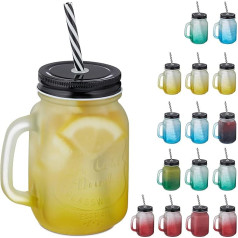 Relaxdays Drinking Glasses with Lid and Straw, Set of 16, 400 ml, Frosted Look, Summer Glasses with Handle, Colourful/Black