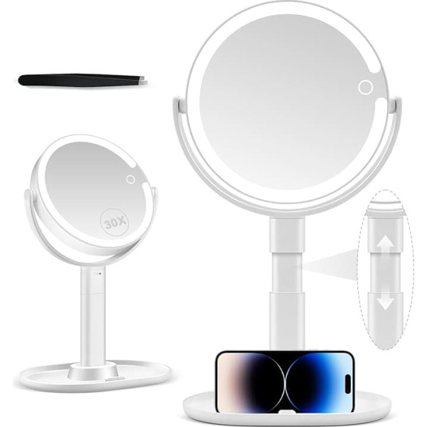 30X Magnification Mirror with Light Makeup Mirror with Light and 3 Colors Double Sided Cosmetic Mirror with Light and Brightness Adjustment Touch Button