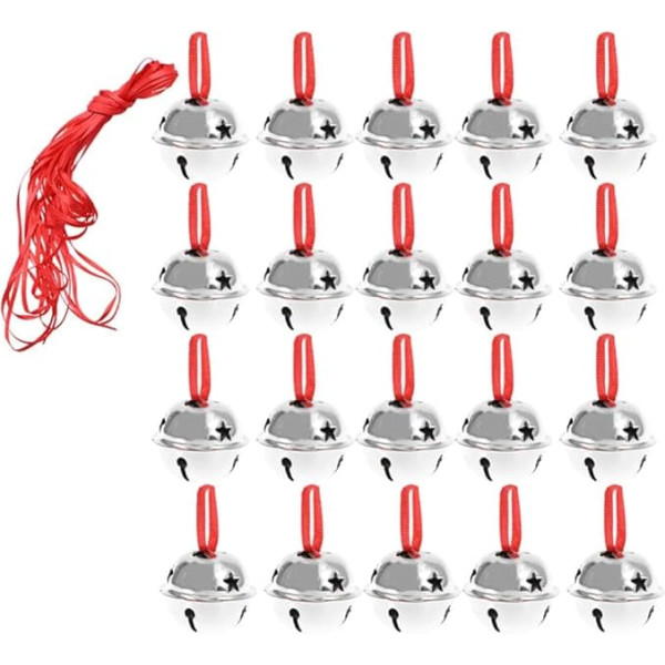 Amosfun Pack of 20 Mini Christmas Bells with Star Cut-Outs, Christmas Tree Decorations, Ornaments for Christmas, Holidays, Crafts, Decorations with 10 m Ribbon, Silver, 3 x 3 cm
