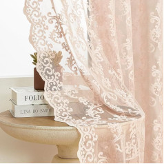 FOLKSIDE Lace Curtains 2 Pack Vintage French Floral Sheer Curtains for Living Room Bedroom Paisley Pattern Drawstring Light Filtering 52 x 84 Inch Pale Pink