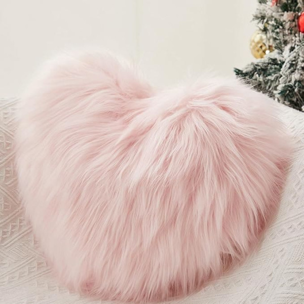 Fluffy Heart Pillow Super Soft Heart Shaped Faux Fur Sofa Cushion Valentine's Day Decoration Indoor Pink 40cm