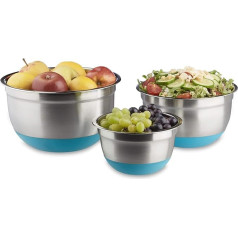 Relaxdays Set of 3 Bowls, Stainless Steel, No-Slip Rubber Bottom, Mixing Bowls in 3 Sizes, Blue