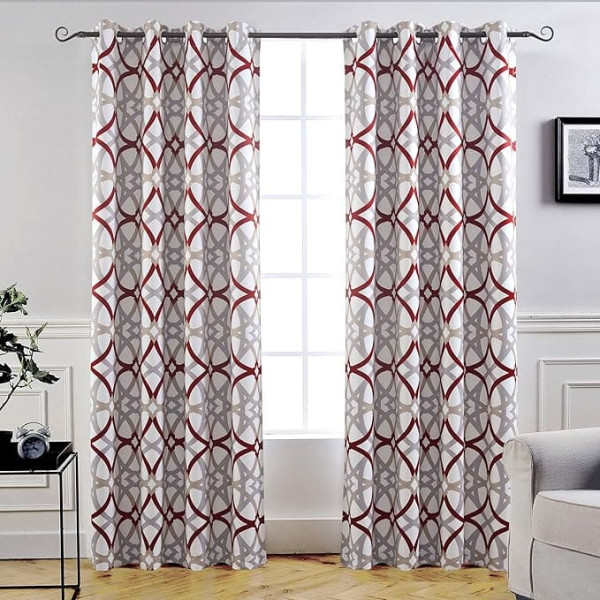 DriftAway Alexander Thermal Blackout Eyelets, Unlined Window Curtains, Spiral Geogrid Pattern, Set of 2 Panels, Each Size 52 inches x 84 inches, Red and Grey