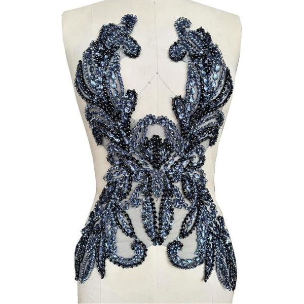 Pure Handmade Rhinestone Lace Applique Accessories Hand Sewing Beads Stones Trim Patches for Girls Wedding Dress (Deep Blue)