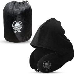 SOL Premium Travel Pillow for Airplane, Memory Foam Travel Pillow for Adults with Hood, Adjustable and Compact Flight Pillow for Travel, Neck Support Pillow with Pocket Holiday Essentials (Black)