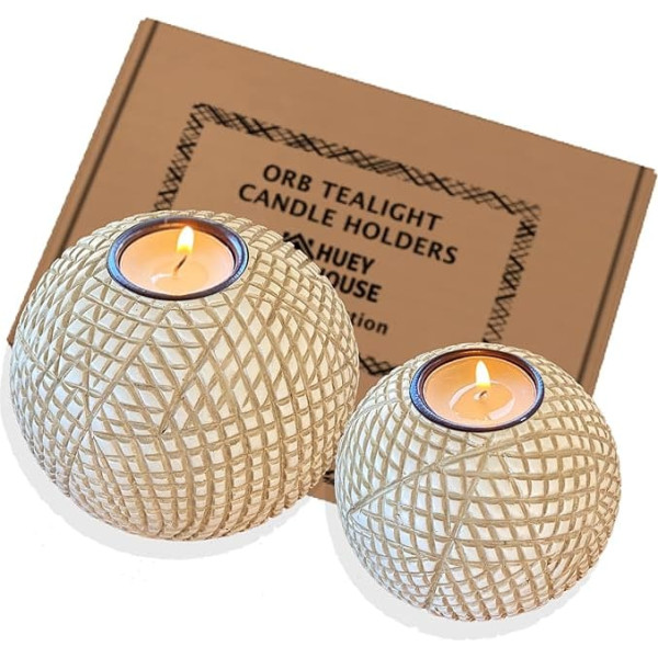 Luca Orb Candle Holders (Pack of 2) Table Decoration for Dining or Living Room, Spa, Bathroom, Kitchen Counter, Mantle or Coffee Table (Grid Pattern, Beige and White)