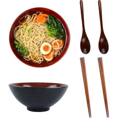 Yuedefly Ramenschüssel aus Keramik, 1200 ml, 2er-Set, Nudelschalen mit Essstäbchen aus Holz und Löffeln für Suppe, Salat, Pho, Müsli, Pasta, (Agate Red)