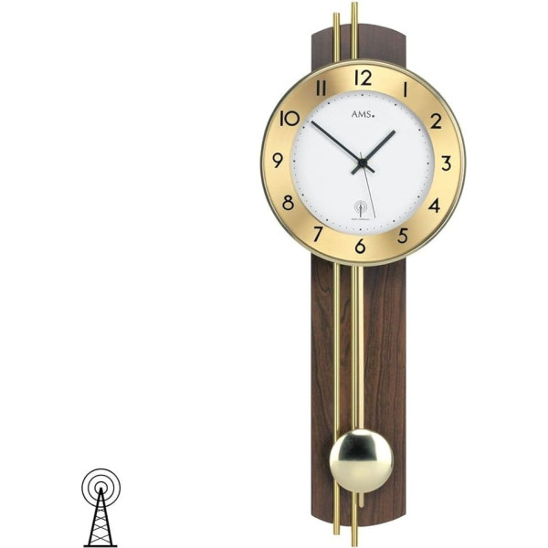 Wall Clock with Pendulum Radio Wooden Back Wall Walnut Veneer Brass Rods