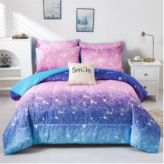 Purple Glitter Bedding Set for Girls Sparkling Galaxy Twinkle Starlight Duvet Cover for Kids Teenagers 3 Piece Blue Purple Bedding Set with 2 Pillowcases (Purple,Queen)