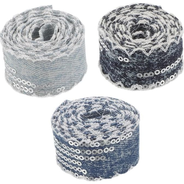 Uonlytech 3 Rolls of Denim Fabric Sequin Border Tape Sequin Sewing Tape Upholstery Trim Clothing Trim DIY Headwear Tape Jeans Tape Fabric Trim